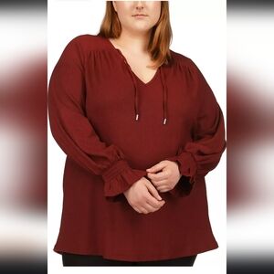 MK Michael Kors Solid Raglan Peasant Blouse Neck Tie Long Sleeve Top XL Burgundy